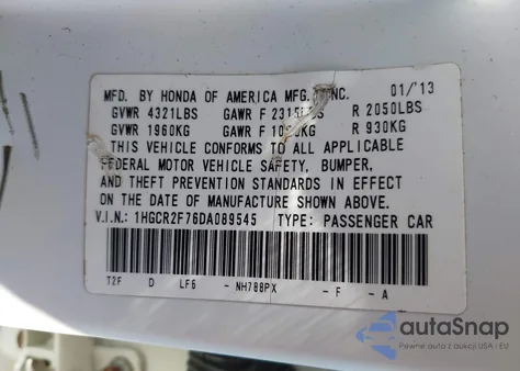 2013 Honda Accord Ex from USA, damaged, VIN 1HGCR2F76DA089545